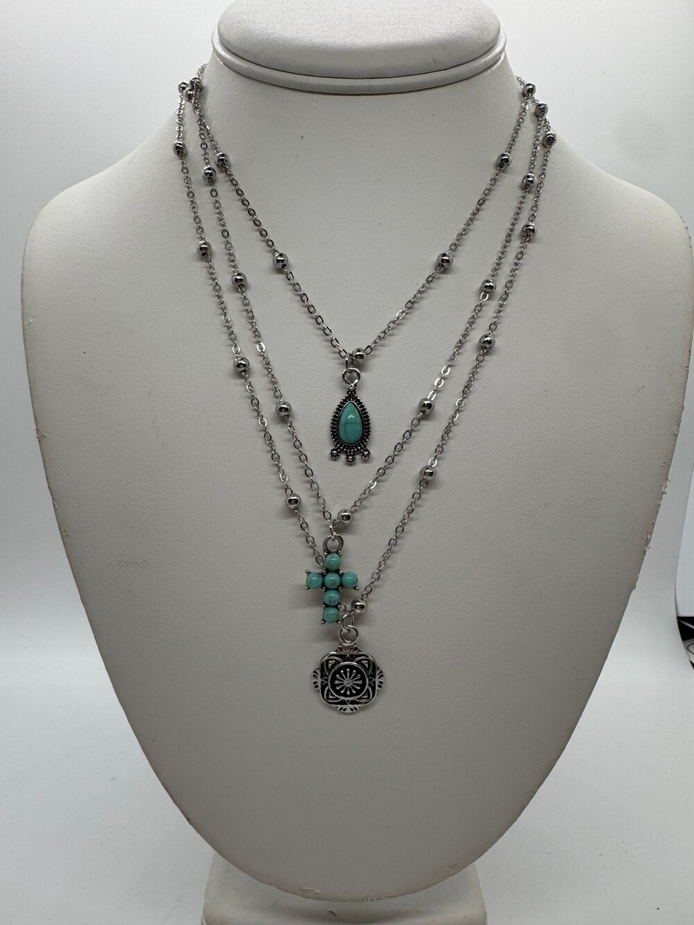 Layered Silver Tone Necklace with Turquoise Crackle Cross Pendant Boho Western N